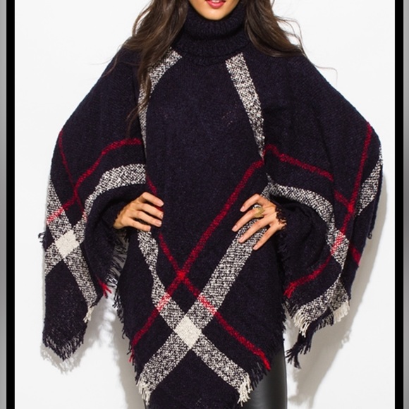 The Denim Bar Sweaters - 🆕ONESIZE Navy Blue Check Print 	Poncho Soft Fuzzy Turtleneck Burberry Print